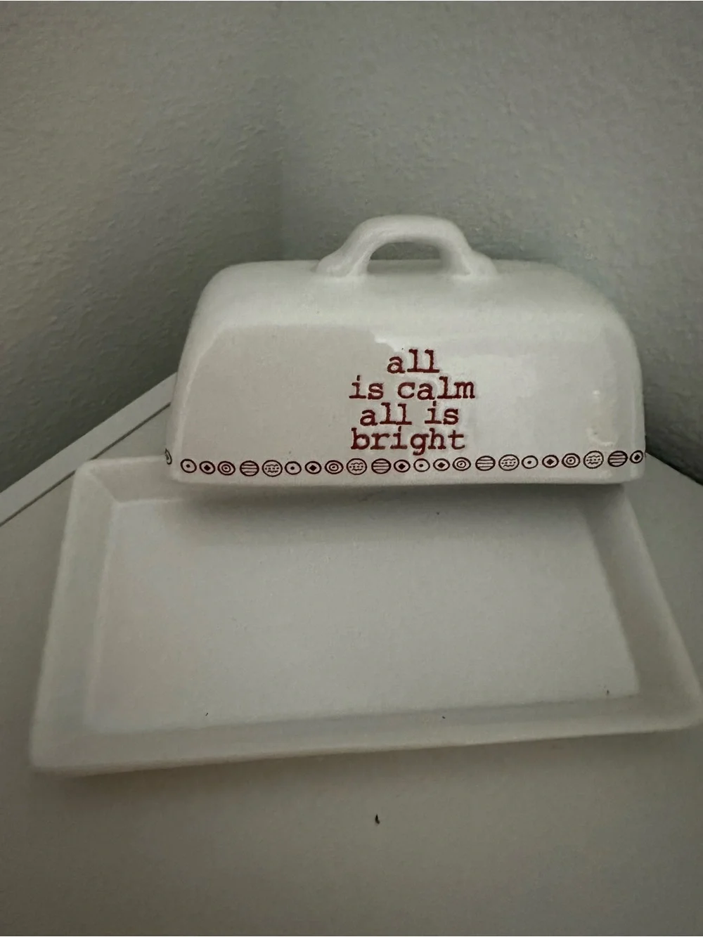 Joseph White Ceramic Butter Dish with Red Lettering